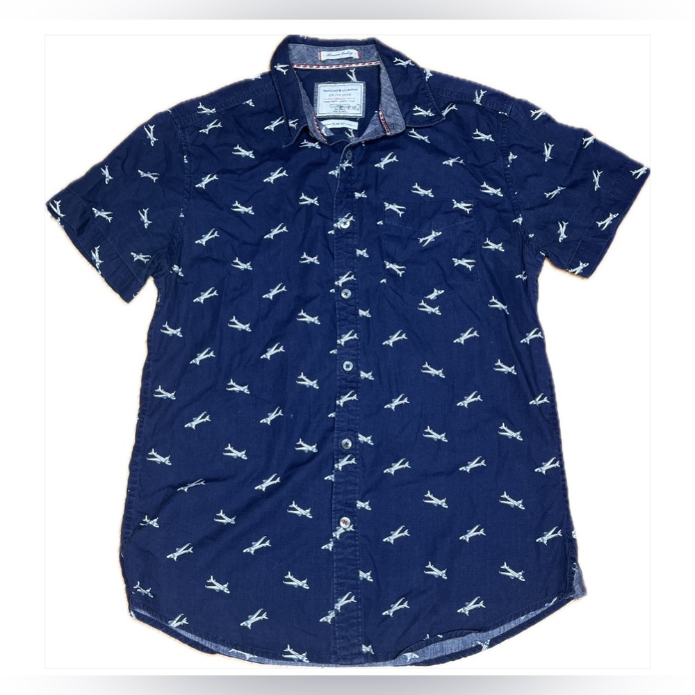 Cactus Navy Blue Airplane Print Casual Button Down Shirt